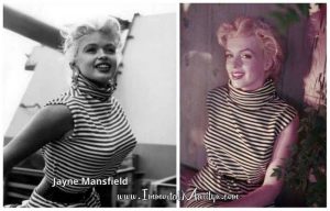 Jayne wears the same striped top Marilyn wore for a photo shoot.