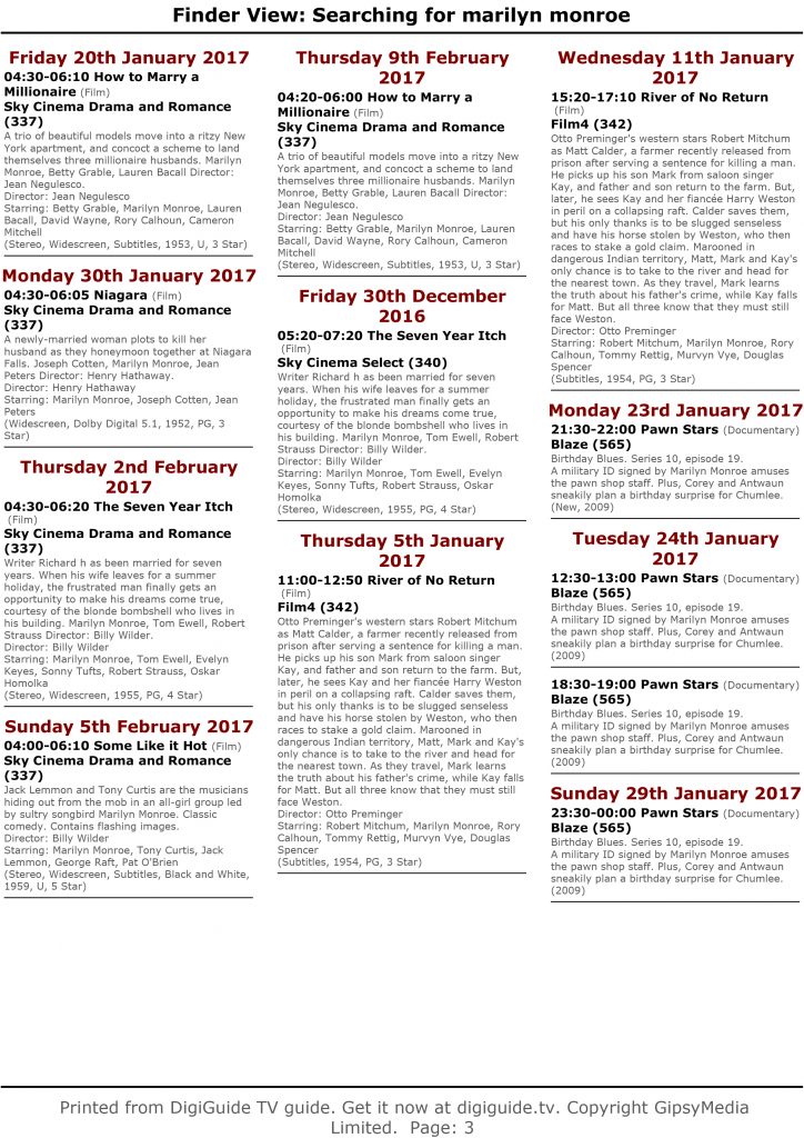 TV SCHEDULE (UK & EUROPE) January Immortal Marilyn