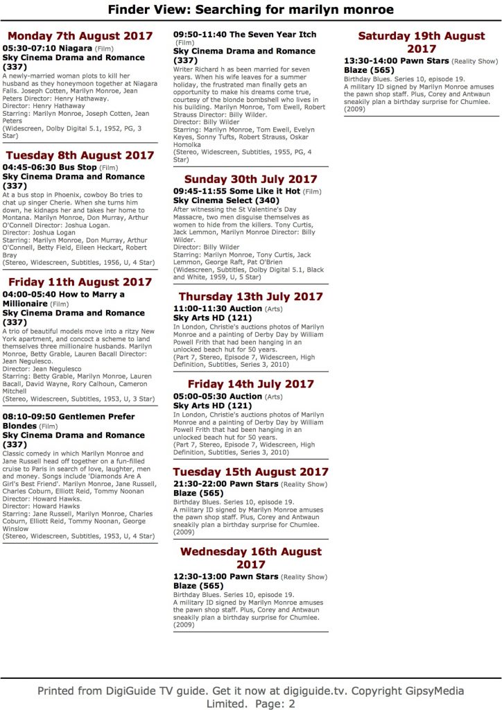 July TV Schedule (UK & Europe) Immortal Marilyn